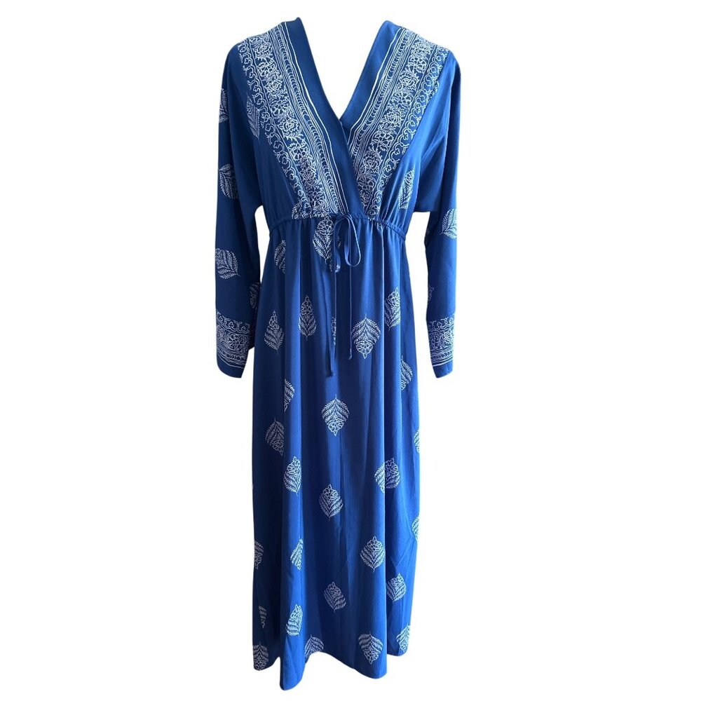 Emma & Michele Blue Boho Leaf Print Long Sleeve Maxi Dress Soft Elegant